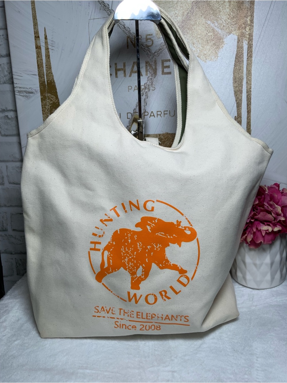 Hunting World Canvas Tote with Orange Elephant Logo